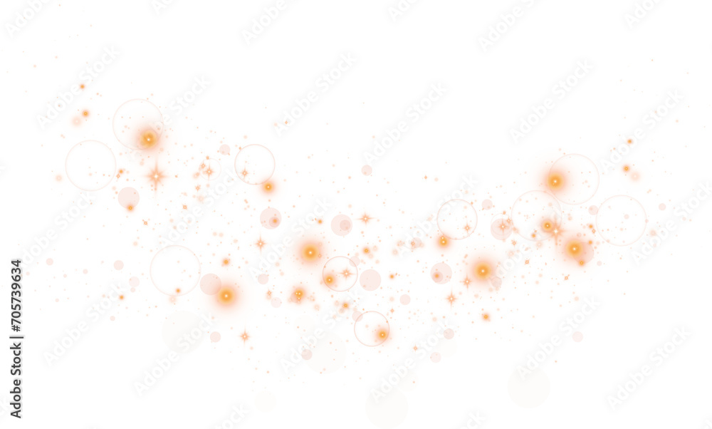 Golden dust. Beautiful light flashes. Dust particles fly in space. Bokeh effect. Light rays. PNG.
