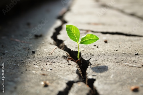  a small green plant sprouting out of a crack in a concrete sidewalk with a car in the background and a sidewalk crack in the middle of the road. photo