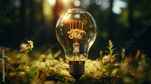  a light bulb with a tree inside of it sitting in the middle of a field of grass with flowers in the middle of the bulb and a sun shining on the top of the bulb.