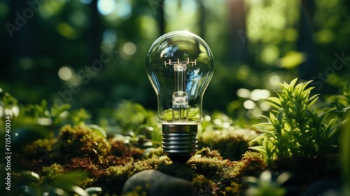 a light bulb sitting on top of a moss covered ground in the middle of a forest with lots of green plants and trees in the back ground is a light bulb.