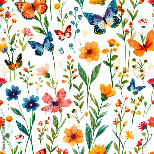 seamless pattern with flowers, butterflies and plants on white background
