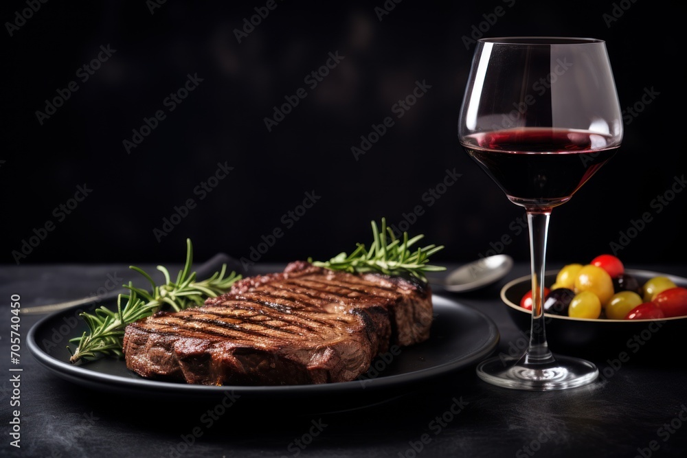 a steak on a plate next to a glass of wine and a plate of olives and tomatoes on a plate with a fork and a glass of red wine.