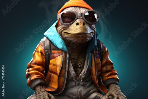  a turtle wearing a jacket and goggles with a hoodie on it's head and wearing goggles with a hoodie on it's head, sitting on a blue background.