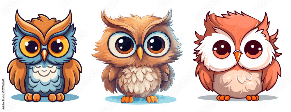 Little cartoon owl, cartoon style illustration with big eyes, on white or transparent background Little cartoon owl, cartoon style illustration with big eyes, on white or transparent background