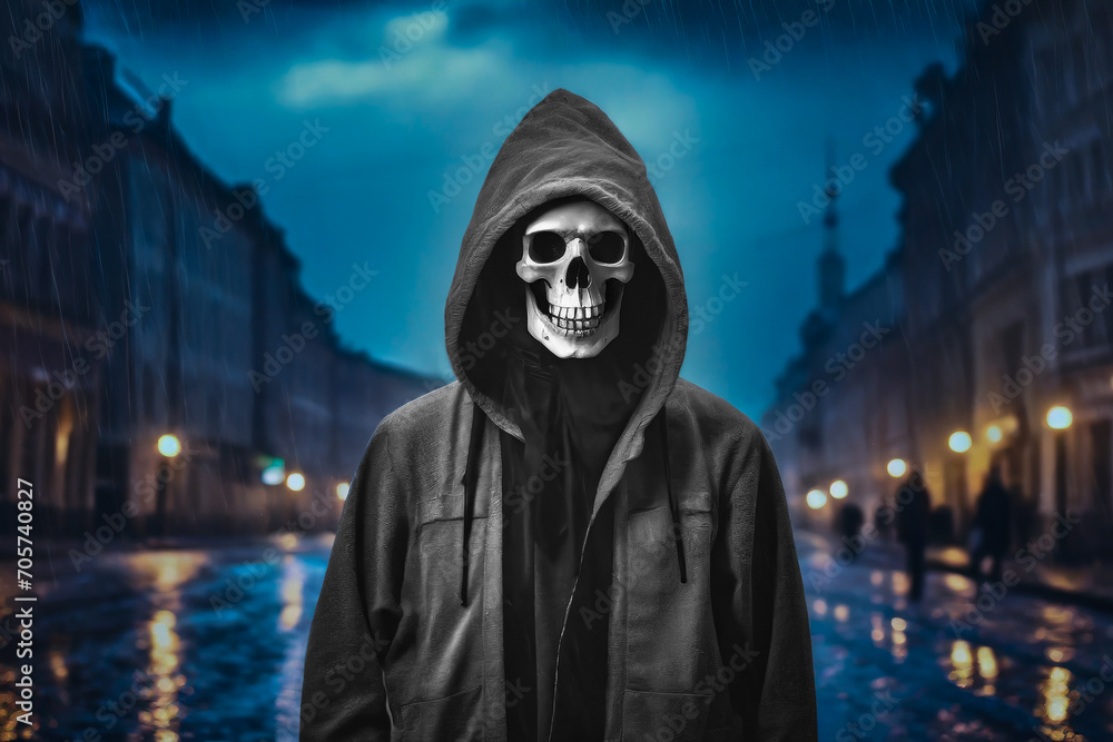 A human skeleton dressed like a hippie with a hood on his head, behind him the night city is blurred.A terrible rainy night. A human skeleton dressed like a hippie with a hood on his head, behind him the night city is blurred.A terrible rainy night.