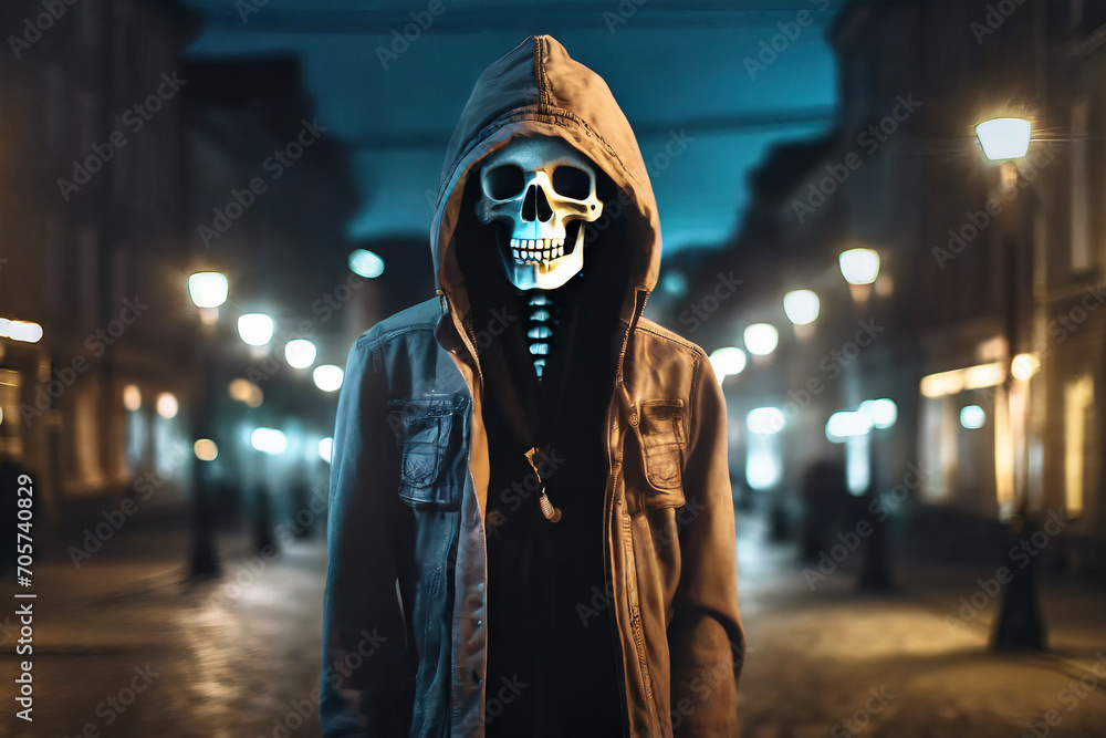 A human skeleton dressed with a hood on his head, behind him the night city is blurred.A terrible rainy night. A human skeleton dressed with a hood on his head, behind him the night city is blurred.A terrible rainy night.