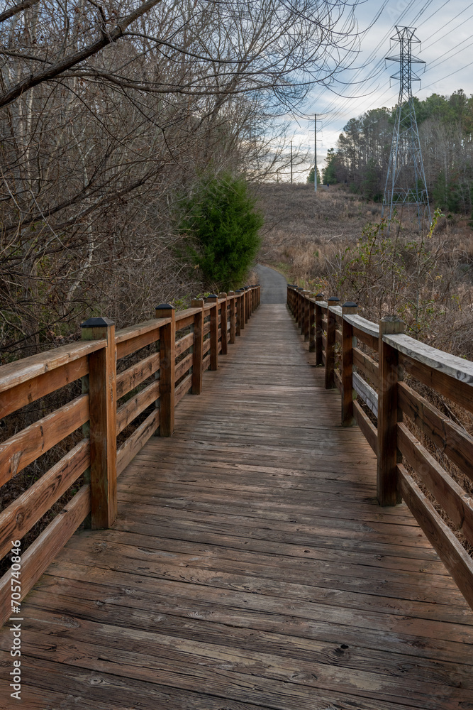 Bridge crossing near the Tega Cay golf course off of the Trailhead Park hiking trail in Tega Cay, South Carolina. 