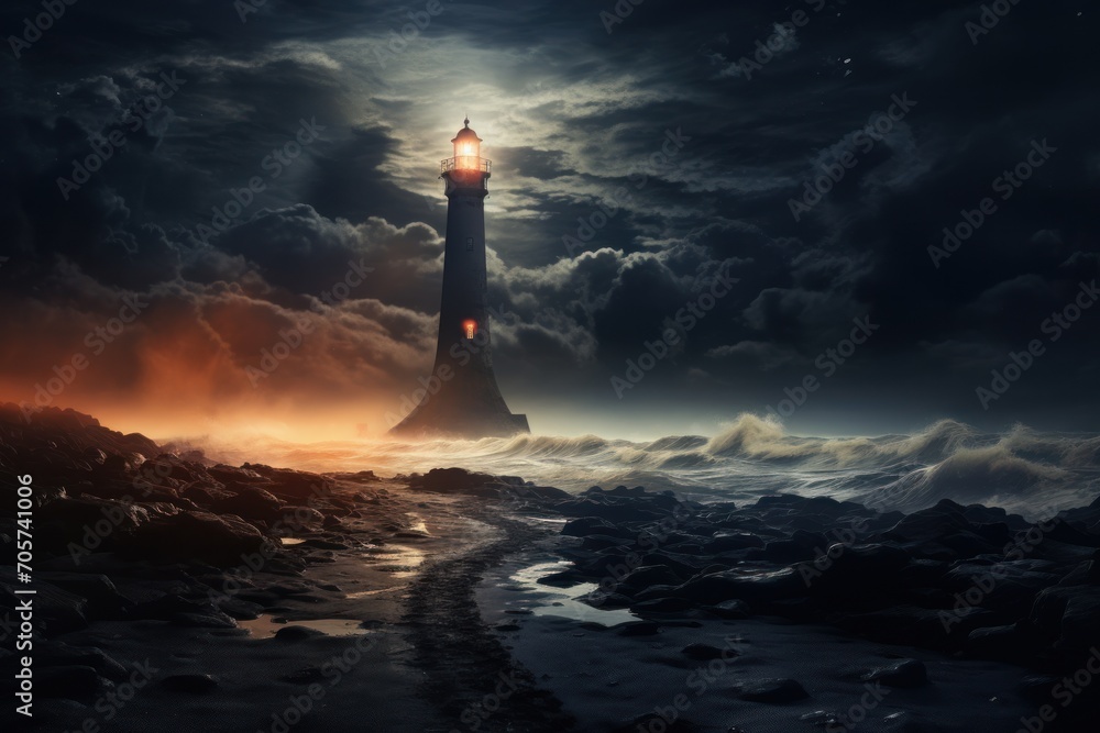  a lighthouse on a rocky shore with a full moon in the sky above it and a body of water on the other side of the lighthouse is a body of water.
