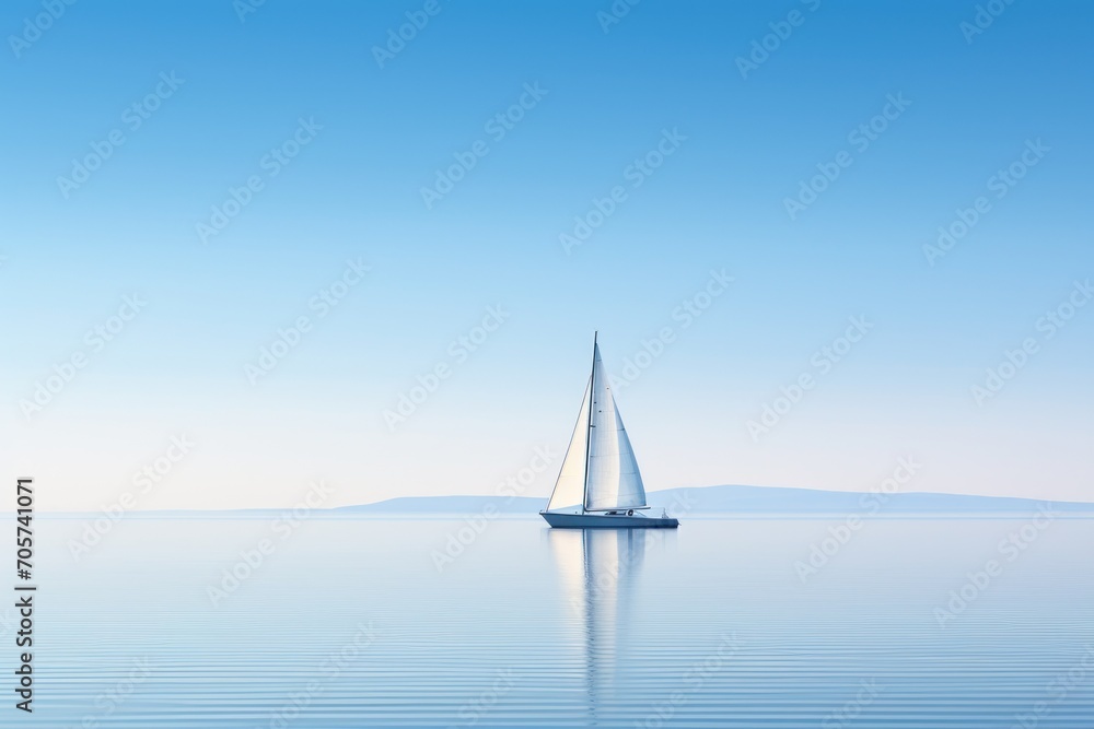 a sailboat floating in the middle of the ocean on a clear day with a blue sky and some mountains in the backgrouund of the water in the distance.