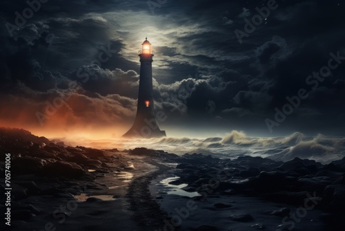  a lighthouse on a rocky shore with a full moon in the sky above it and a body of water on the other side of the lighthouse is a body of water.