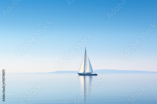  a sailboat floating in the middle of the ocean on a clear day with a blue sky and some mountains in the backgrouund of the water in the distance. © Nadia