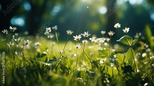  a close up of a field of grass with daisies in the foreground and the sun shining through the trees in the backgrould of the background.