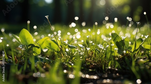 a close up of a grass field with dew drops on the grass and the sun shining through the trees behind the grass and the grass is covered with little droplets.