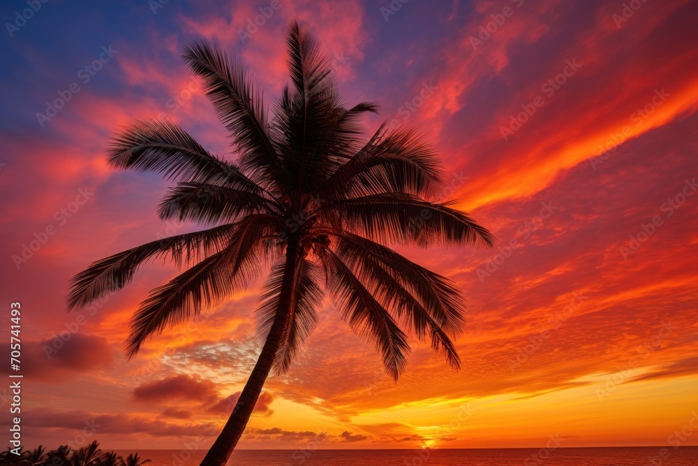  a palm tree is silhouetted against an orange and blue sunset on a tropical beach with the ocean in the foreground and the sky in the background, the foreground is a.