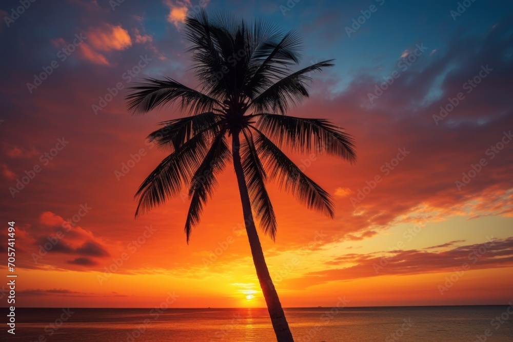  a palm tree is silhouetted against an orange and blue sky as the sun sets over the ocean on a beach in the middle of a tropical island of the ocean.