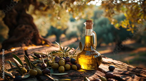 Olive oil in a glass bottle on a wooden table with fresh olive tree branches and olive berries
