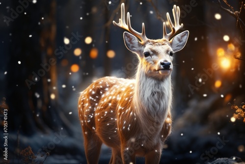  a deer standing in the middle of a forest with lights on it's antlers and snow falling down on it's antlers and snowing on the ground. © Nadia