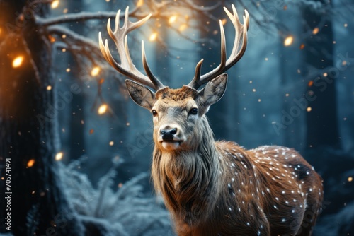  a close up of a deer in a forest with a lot of snow on it's face and a lot of lights on its antlers in the background.