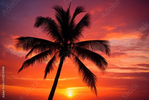  a palm tree is silhouetted against an orange and pink sky as the sun sets on the horizon of a beach in costa rica, costa rica, costa rica. © Nadia