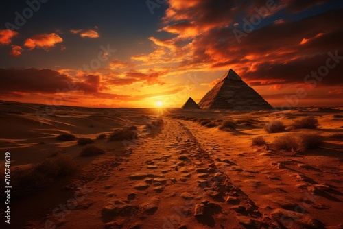  the sun sets over the pyramids of giza and a path in the desert with footprints in the sand leading up to the pyramids of the pyramids.