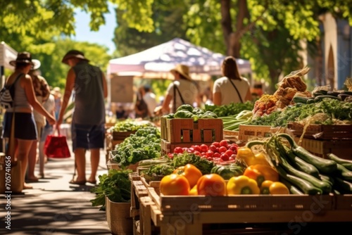  a group of people standing around a table filled with lots of fruit and veggies on top of a sidewalk next to a crowd of people walking down the street.