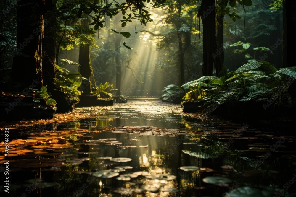  a stream running through a lush green forest filled with lots of leaf covered trees and water lilies on the side of the stream, with sun shining through the leaves on the water.