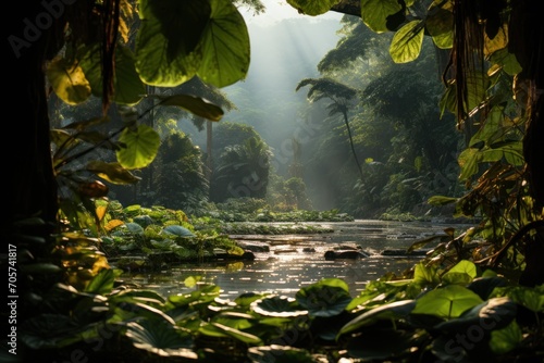  a river in the middle of a jungle with sunbeams shining down on the trees and greenery on the sides of the river is surrounded by sunbeams.