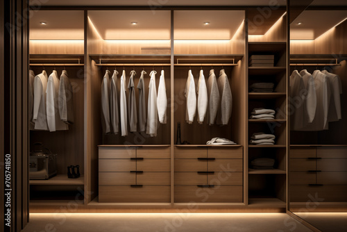Modern luxury style warm wood walk in closet, minimal walk in wardrobe dressing room interior. © Sunday Cat Studio