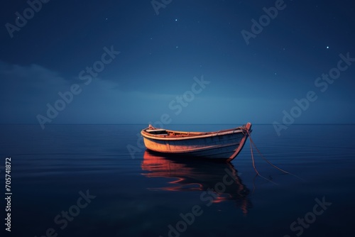 a small boat floating on top of a body of water under a sky filled with stars and the moon in the distance with a small boat in the middle of the water.