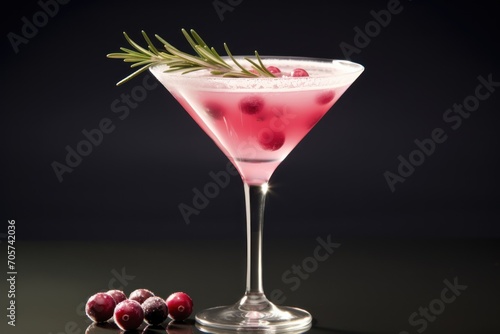  a cranberry martini garnished with a rosemary sprig and cranberries on a black table with a black background and a few more cranberries in the foreground.