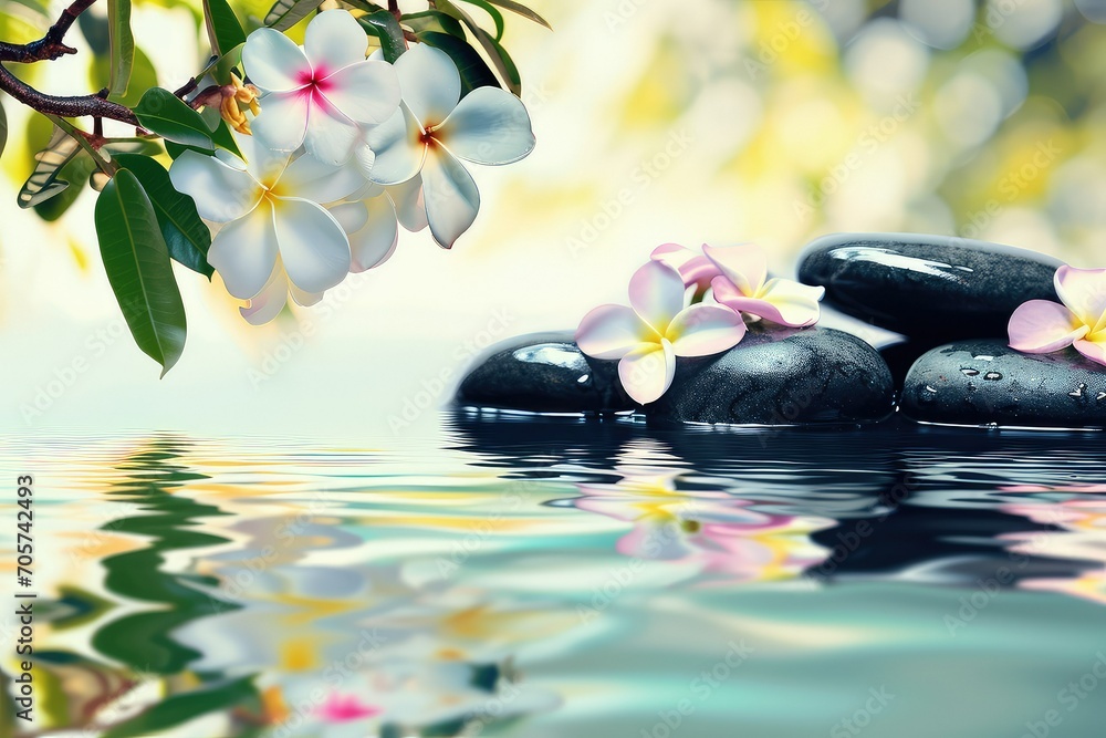 Relax background with flowers, water and black stone. copy space. Relax background with flowers, water and black stone. copy space.