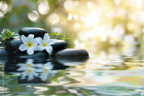 Relax background with flowers  water and black stone. copy space.