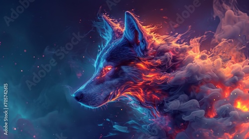 wolf howling at night, burning flame energy, power concept, Mysticism and power