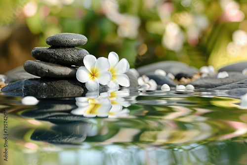 Relax background with frangipani flowers, water and black stone. copy space.