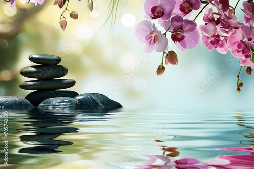 Massage stones and plumeria flower on river, spa background with copy space.