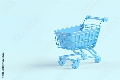 Generative AI, empty shopping cart on blue background, minimalistic shop online, free delivery, discounts and sale concept. 