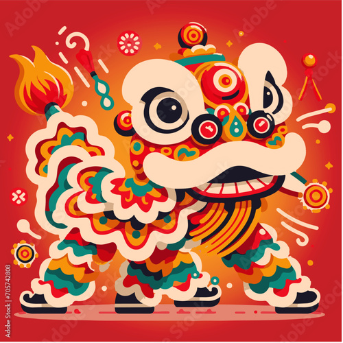 Chinese New Year Lion Dance with Firecracker. Vector illustration.