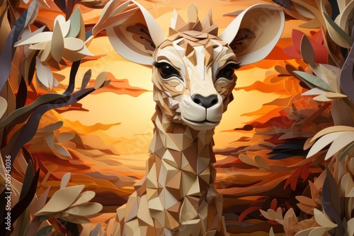  a painting of a giraffe standing in the middle of a forest with leaves on it's sides and an orange sky in the background with oranges.