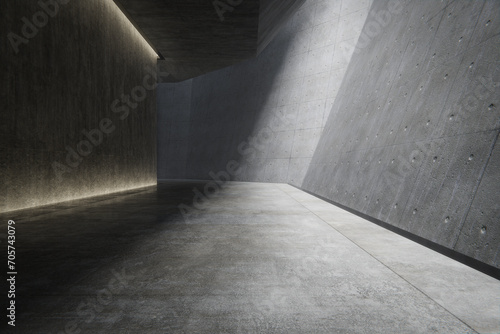 Empty underground concrete hall for parking. 3d rendering of abstract interior background.