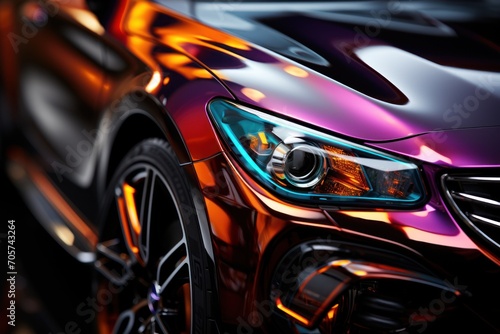  a close up of a car's headlight and its reflection in the car's shiny chrome paint on the front of the car's headlight.