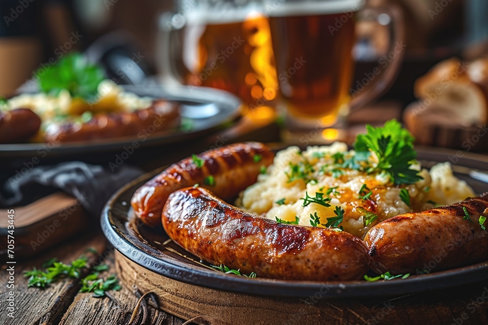 Mashed potatoes with sausages. St. Patrick's Day Dinner. Irish English British food - obrazy, fototapety, plakaty 