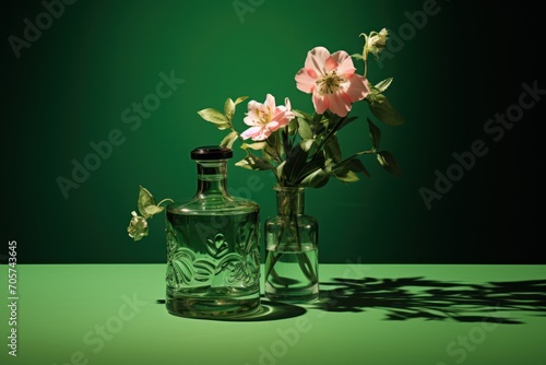  a green glass vase with pink flowers and a green glass bottle with a shadow of a butterfly on a green surface with a shadow of leaves and a green background.