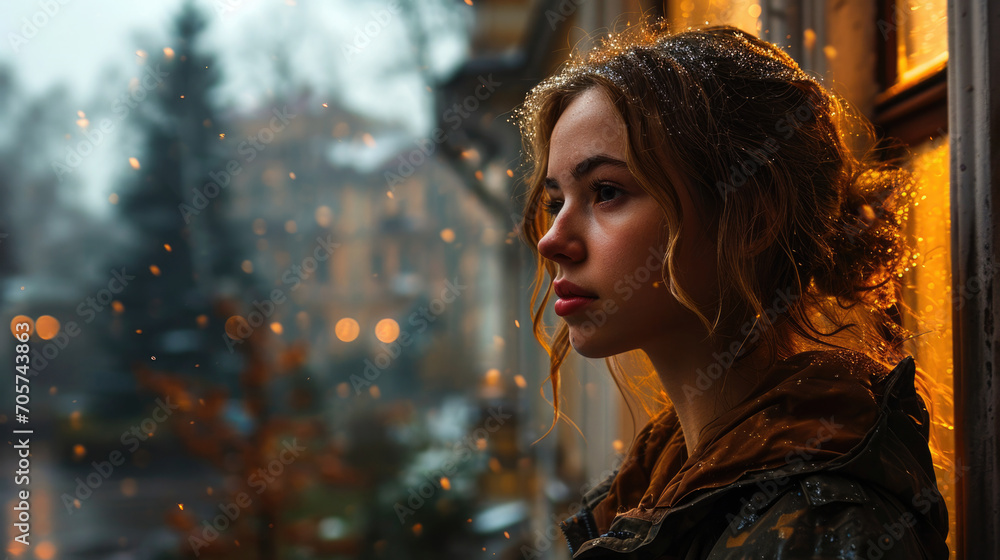 Contemplative moment of a young woman by a window during winter with falling snow and blurred city lights in the background Contemplative moment of a young woman by a window during winter with falling snow and blurred city lights in the background
