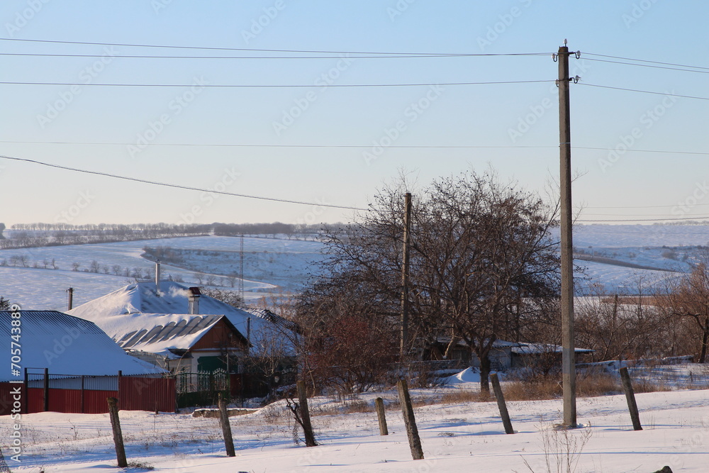 A snowy landscape with trees and power lines A snowy landscape with trees and power lines