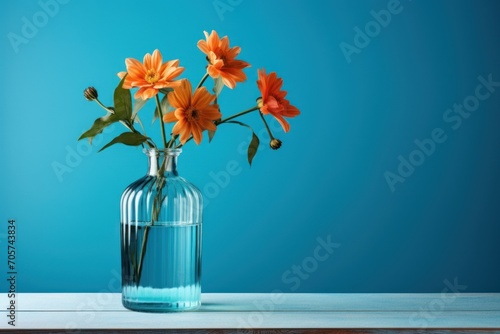  a blue vase filled with orange flowers on top of a wooden table and a blue wall behind the vase is a wooden table and a blue wall is behind the vase.