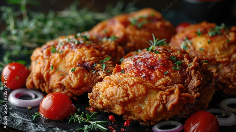 Crispy fried chicken served with fresh tomatoes and aromatic herbs on a dark platter during a rustic dining experience Crispy fried chicken served with fresh tomatoes and aromatic herbs on a dark platter during a rustic dining experience