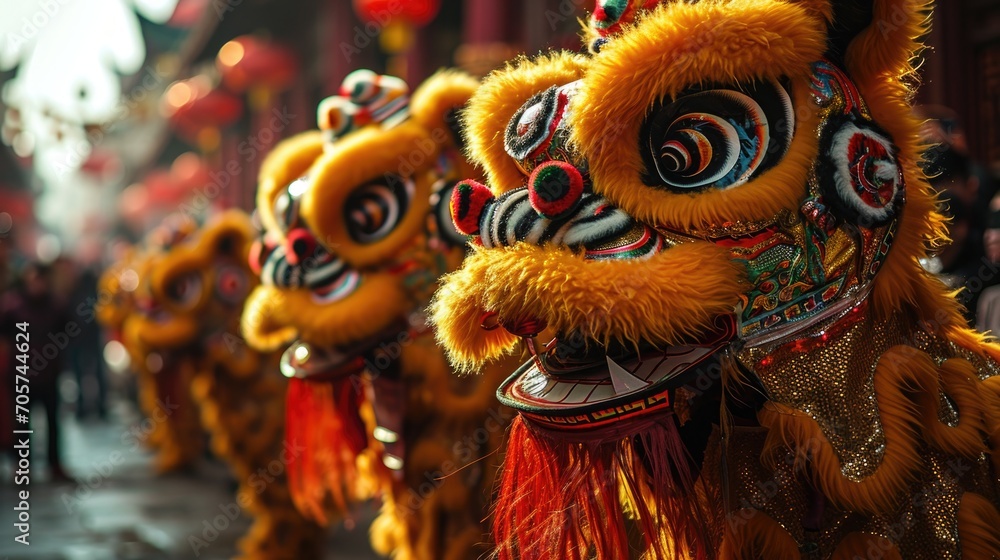 Fototapeta premium Colorful lion dance parade showcasing traditional performance in a vibrant festival atmosphere during the Lunar New Year celebration in an Asian town