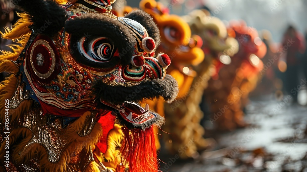 Fototapeta premium Celebrations in a vibrant parade featuring intricately designed lion dance costumes in a bustling city during a sunny afternoon