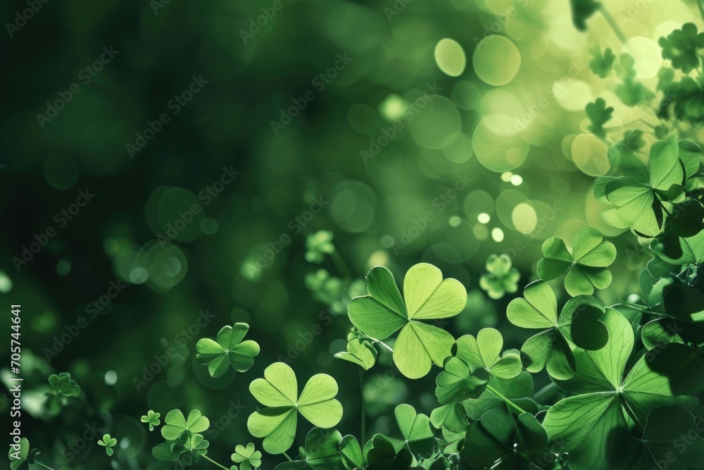 Green background with three-leaved shamrocks. St. Patrick's day holiday symbol.