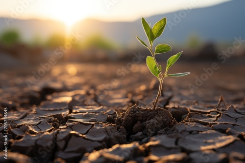  a small plant sprouts from the ground in front of a setting sun with mountains in the backgrouds of the sky in the backgroud. photo